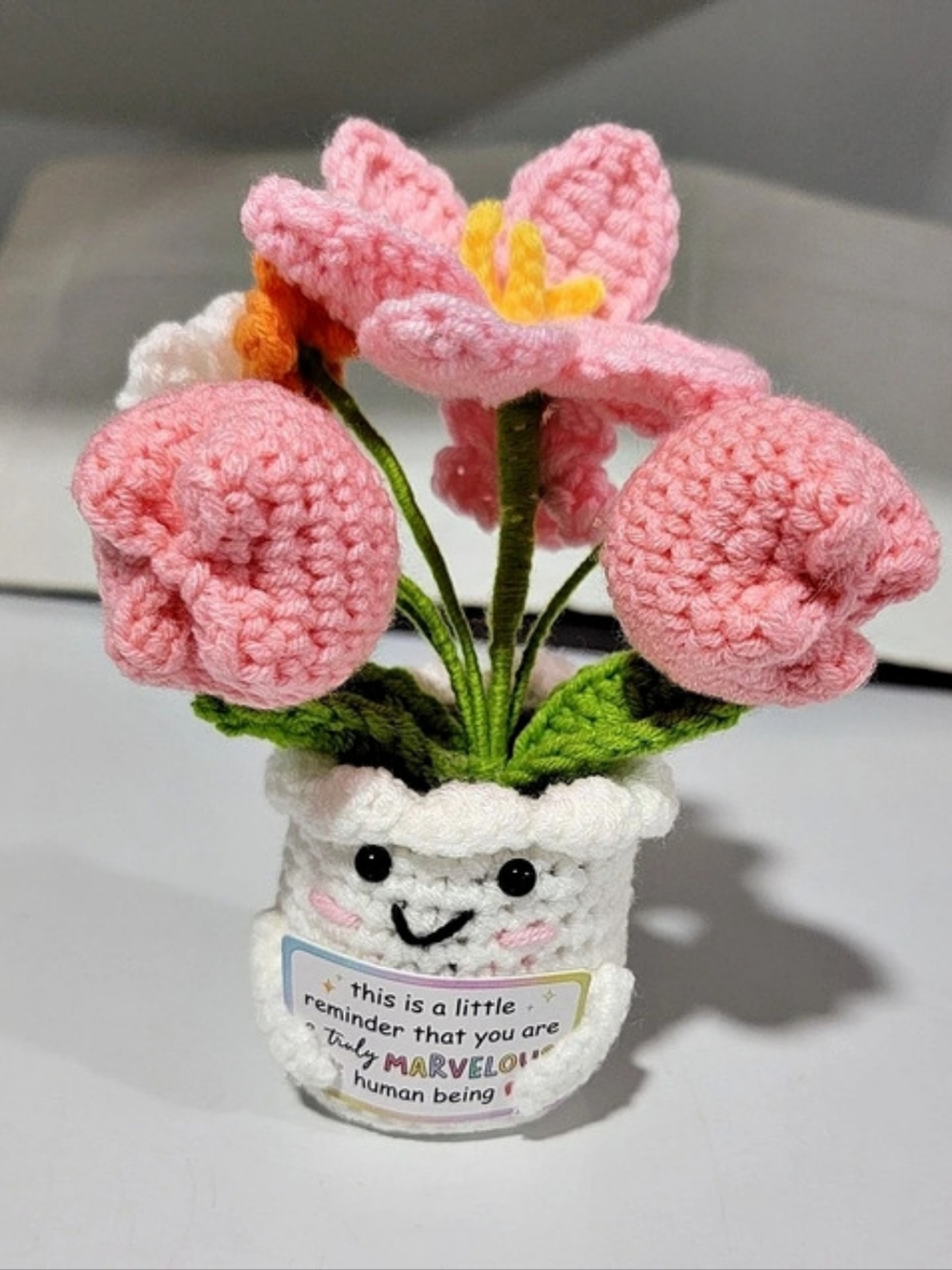 Crochet Pink & White Flower Pot- 'You Are Marvelous"